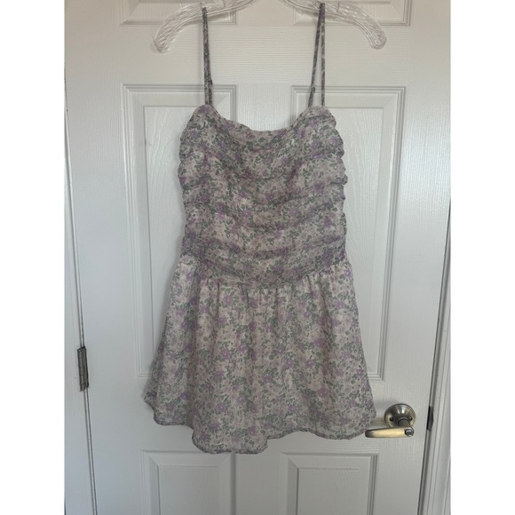Hollister Floral Chilfon Skort Mini Dress Spaghetti Straps Lavender Green SZ M - Picture 3 of 14